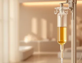 Gotero de sueroterapia intravenosa con líquido dorado en una clínica cálida y luminosa — Regenera Clinic