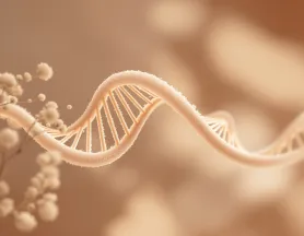 Doble hélice de ADN en tonos cálidos — estudio de edad biológica y longevidad en Regenera Clinic