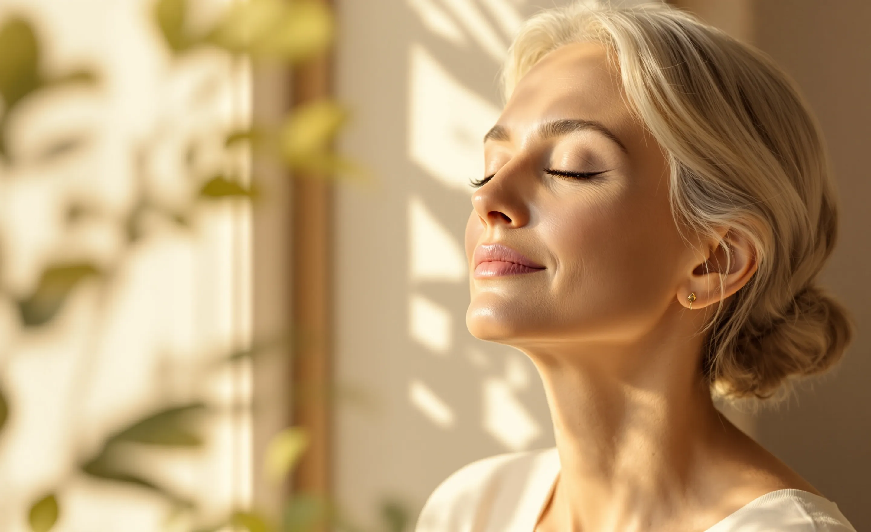 Mujer serena de mediana edad con piel radiante bajo luz natural cálida 