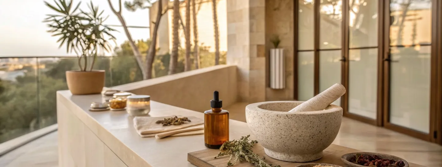 Bodegón de botica con mortero, tarros y plantas — protocolo personalizado de suplementación en Regenera Clinic