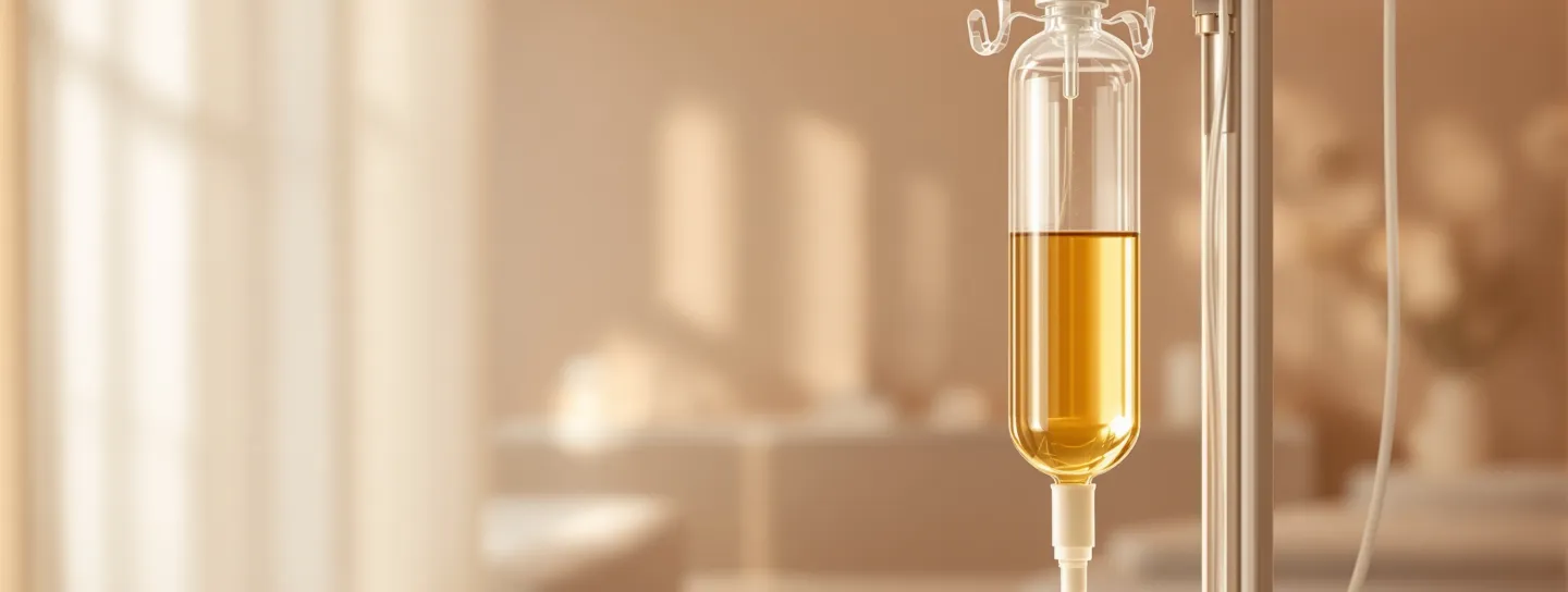 Gotero de sueroterapia intravenosa con líquido dorado en una clínica cálida y luminosa — Regenera Clinic