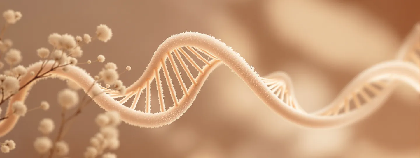 Doble hélice de ADN en tonos cálidos — estudio de edad biológica y longevidad en Regenera Clinic
