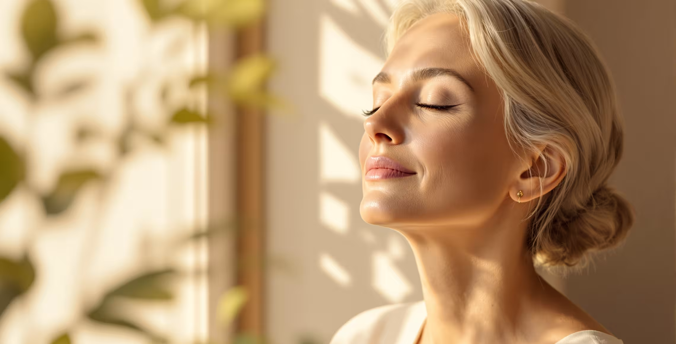 Mujer serena de mediana edad con piel radiante bajo luz natural cálida 